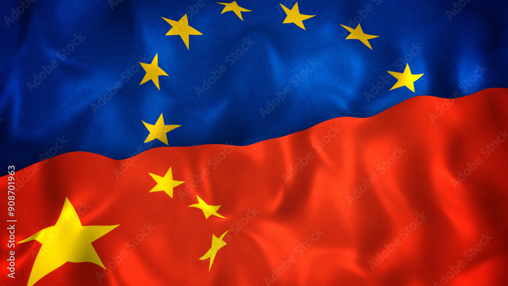 Flags of European Union and China together. Representing EU and Chinese issues, trade, friendship, other relations. Slow motion flowing animation. Flags of European Union and China together. Representing EU and Chinese issues, trade, friendship, other relations. Slow motion flowing animation.