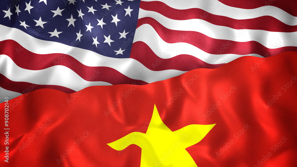 Fototapeta premium Flags of US and Vietnam together. Representing USA and Vietnamese issues, trade, friendship, other relations. Slow motion flowing animation.