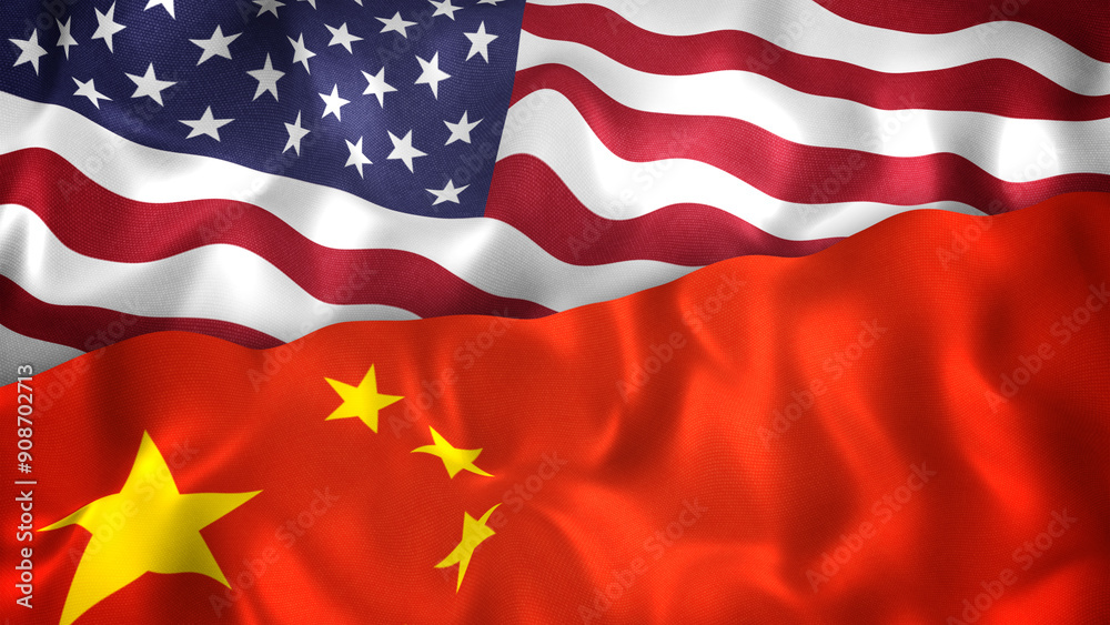 Obraz premium USA and Chinese Flags together. Representing US and China issues, trade, friendship, other relations. Slow motion flowing animation.