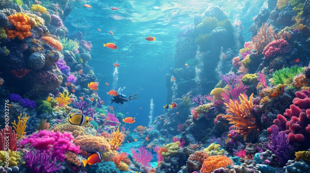 3D illustration of a vibrant underwater scene with colorful coral reefs, fish, and a scuba diver. 3D illustration of a vibrant underwater scene with colorful coral reefs, fish, and a scuba diver.