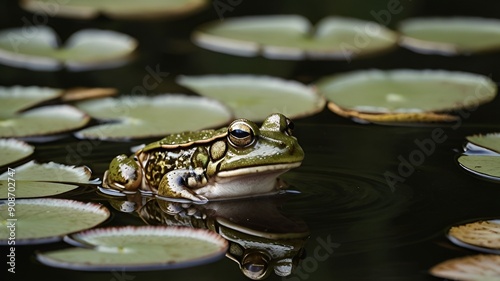 A mother frog and her tiny tadpoles swimming among the lily pads in a tranquil pond photo