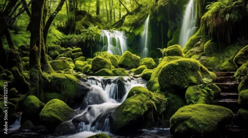 A lush green forest with a stream running through it