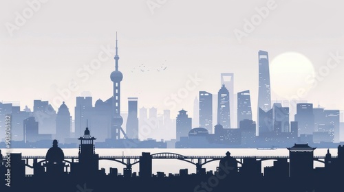 Chinese minimalism illustration, silhouette of a modern city skyline with tall buildings and a bridge, flat illustration Chinese illustration on cool gray background, empty copy space