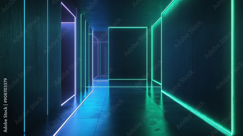 3D model of a room with black walls illuminated by neon blue and green lines 3D model of a room with black walls illuminated by neon blue and green lines