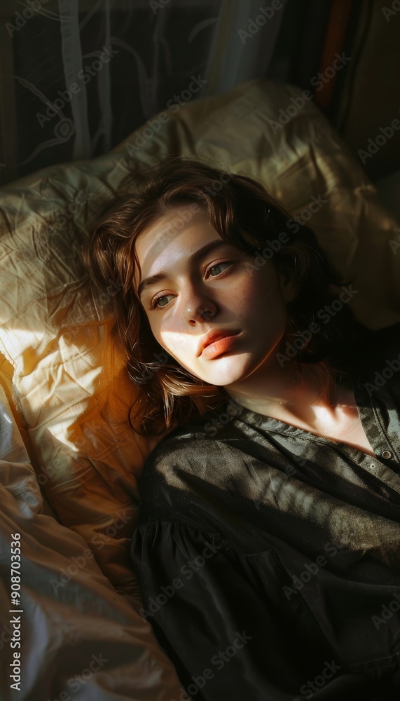 Fototapeta premium Mysterious portrait of woman on bed in soft window light, highlighting light and shadow interplay