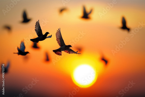 Flock of birds flying sunset