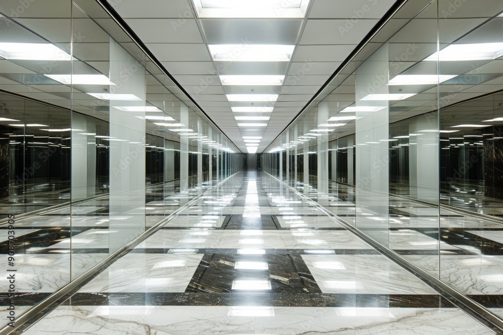 Obraz premium Symmetrical High-Rise Office Corridor. A long, perfectly symmetrical hallway with mirrored walls on both sides, polished marble floors, and evenly spaced modern light fixtures on the ceiling. 