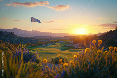 Golf course flag sunset