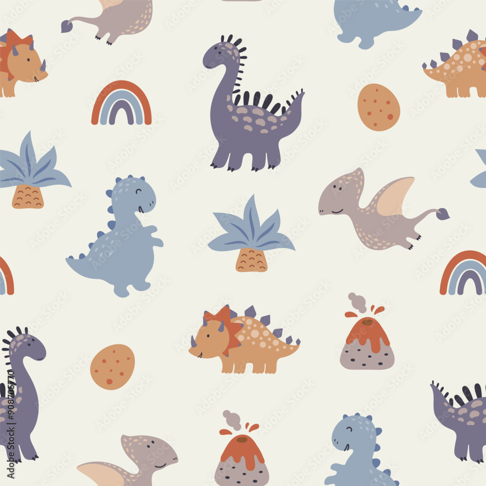Fototapeta premium Seamless pattern with cute dinos, volkanos, palms, dino eggs and rainbows. Vector illustration.
