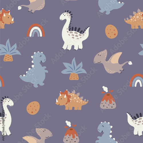 Seamless pattern with cute dinos, volkanos, palms, dino eggs and rainbows. Vector illustration.