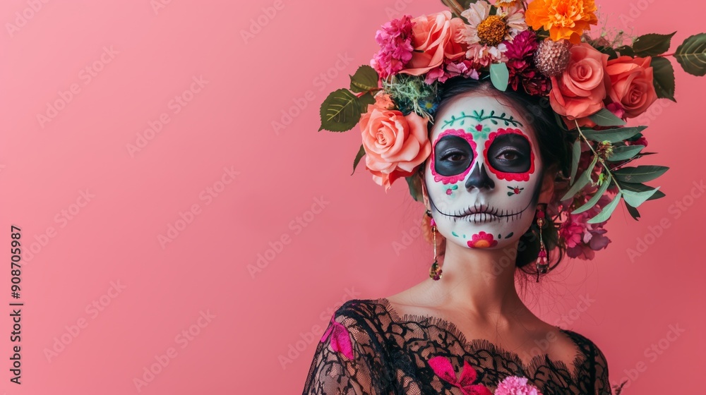 Woman with traditional face paint for Day of the Dead celebration on pink backdrop, Dia de los Muertos Woman with traditional face paint for Day of the Dead celebration on pink backdrop, Dia de los Muertos