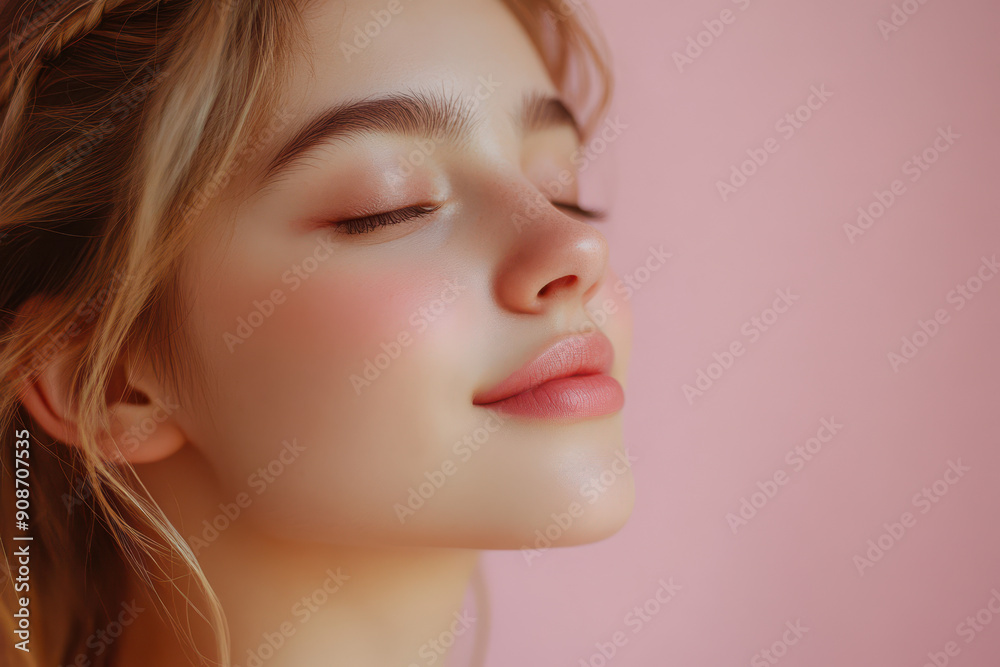 A close up of a girl's face with her eyes closed
