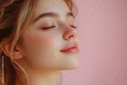 A close up of a girl's face with her eyes closed