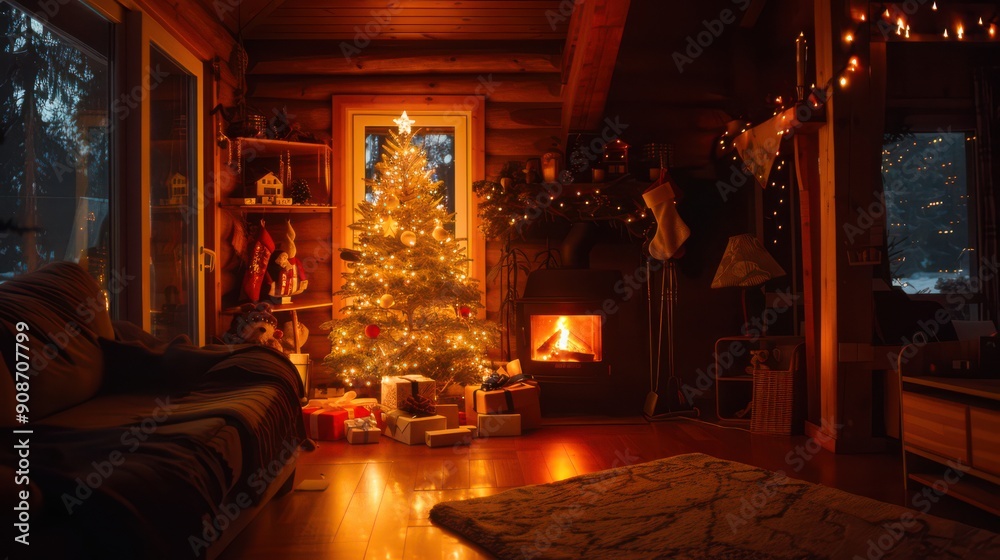 A traditional and festive Christmas scene with a beautifully decorated tree and cozy fireplace. A joyful and heartwarming image with space for wishes. A traditional and festive Christmas scene with a beautifully decorated tree and cozy fireplace. A joyful and heartwarming image with space for wishes.