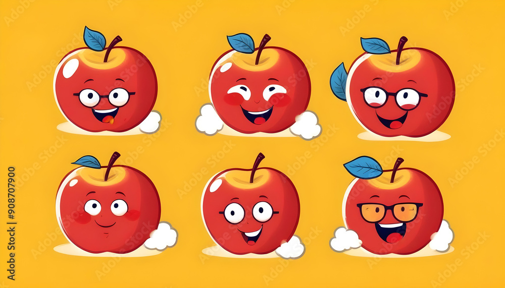 Fototapeta premium Cartoon style red apples expressive faces emoji emoticon clip art 1