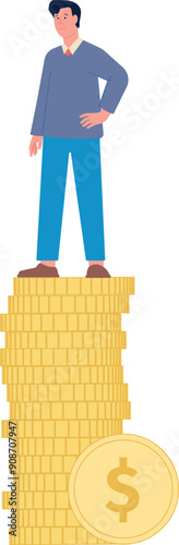 Man stand on golden coin stack. Money income