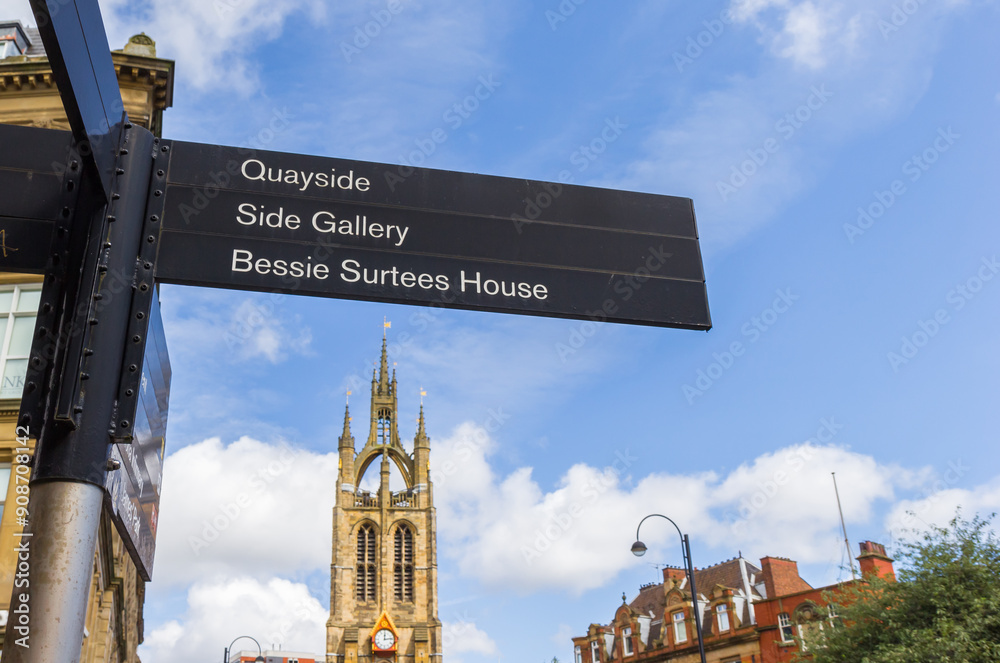 Tourist sign in front of the cathedral in Newcastle upon Tyne, England