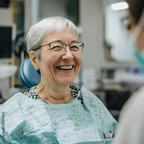 60 year old women, looking happy and smiling, at the dentist