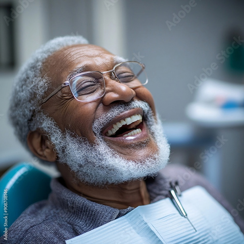 a 60-year-old patient, looking happy and smiling, at the dentist