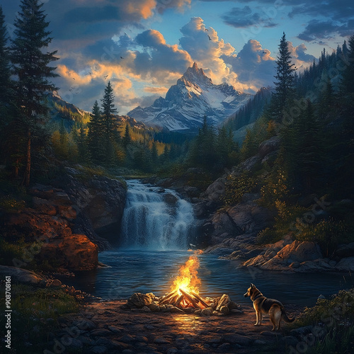 realistic, outdoor nature photography , a lit up camp fire located in the center lower area with a German shepard