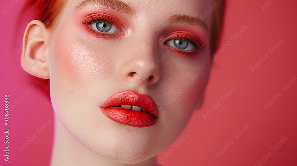 Close up of a beautiful red haired woman with bold bright make up looking at camera on red background Close up of a beautiful red haired woman with bold bright make up looking at camera on red background