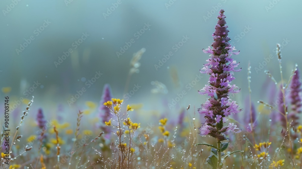 Obraz premium Tranquil Agastache Blossom in Dewy Morning Meadow