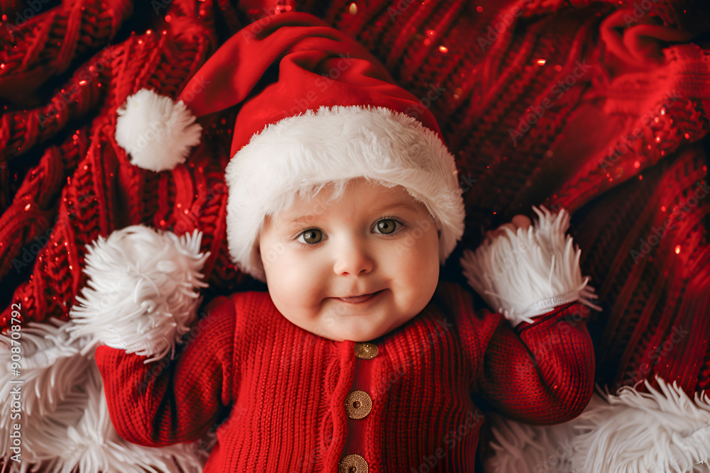 A small newborn baby on white, cotton, bedding in a Santa Claus hat. New Year. Christmas. A small newborn baby on white, cotton, bedding in a Santa Claus hat. New Year. Christmas.