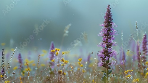 Tranquil Agastache Blossom in Dewy Morning Meadow