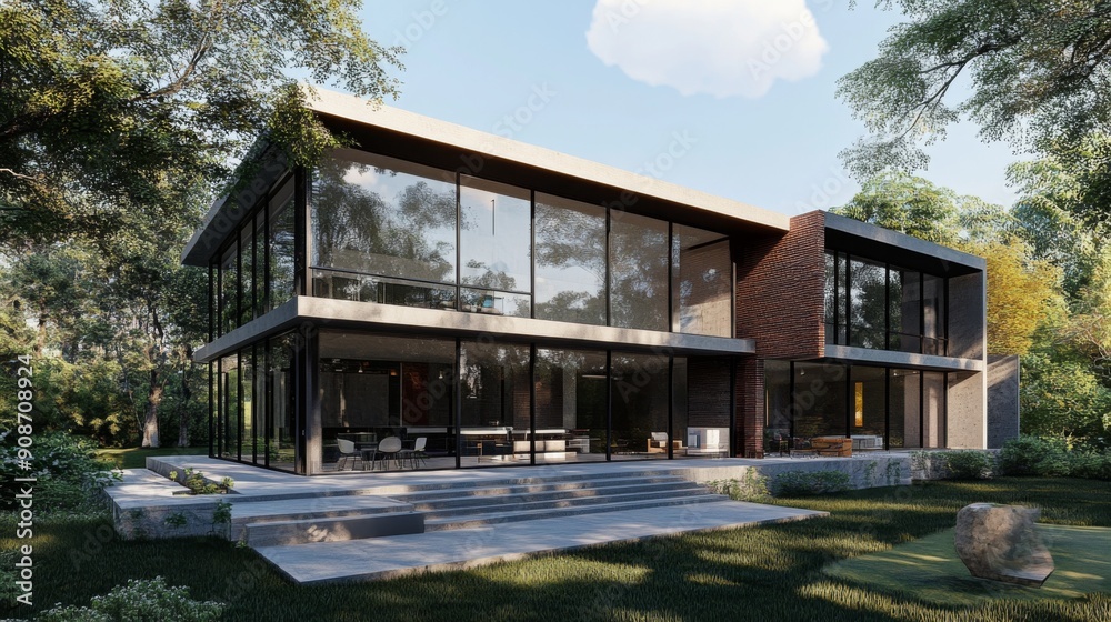 3D rendering of a stylish modern house with large glass windows and a minimalist design. 3D rendering of a stylish modern house with large glass windows and a minimalist design.
