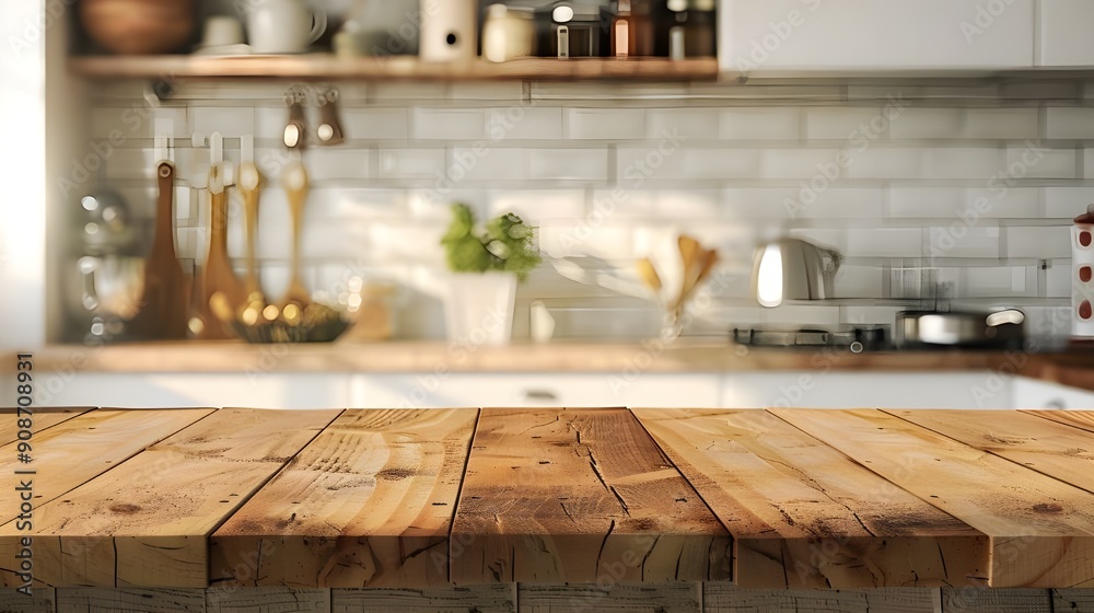 Wooden Tabletop with Blurred Kitchen Background Wooden Tabletop with Blurred Kitchen Background
