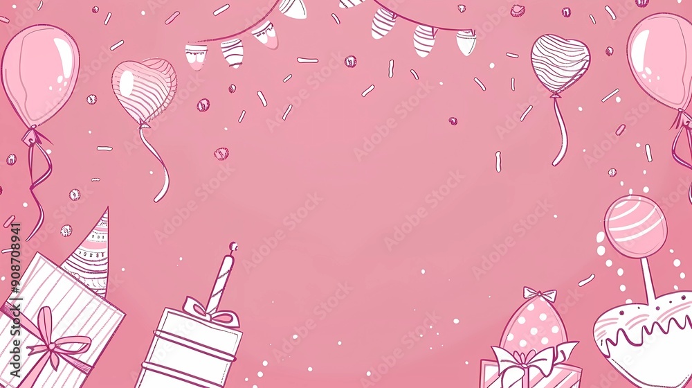 Cute birthday background with party elements, balloons and gifts doodle line drawing on a pink background Cute birthday background with party elements, balloons and gifts doodle line drawing on a pink background
