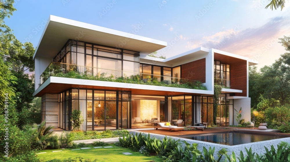 3D rendering of a stylish modern home with eco-friendly design elements and rooftop garden. 3D rendering of a stylish modern home with eco-friendly design elements and rooftop garden.