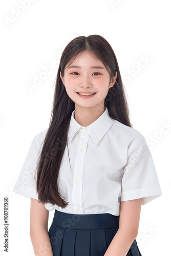 Smiling Korean High School Girl in a Clean Uniform with Long Black Hair