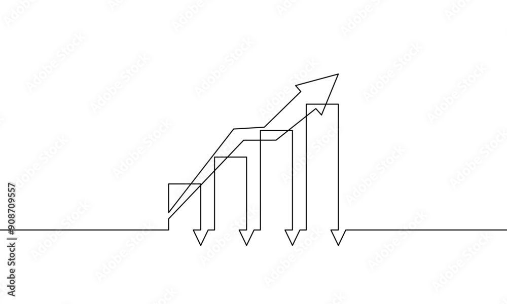 Continuous line drawing of graph with arrow up. Bar chart increasing arrow in illustration vector. Single line art of business growth icon. Object one line of sign symbol Continuous line drawing of graph with arrow up. Bar chart increasing arrow in illustration vector. Single line art of business growth icon. Object one line of sign symbol