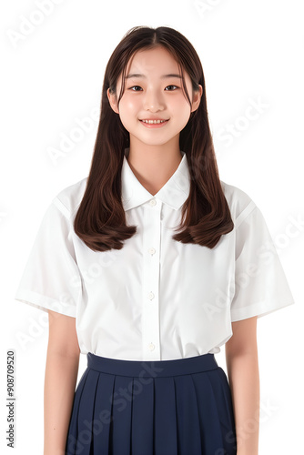 Smiling Korean High School Girl in a Clean Uniform with Long Black Hair