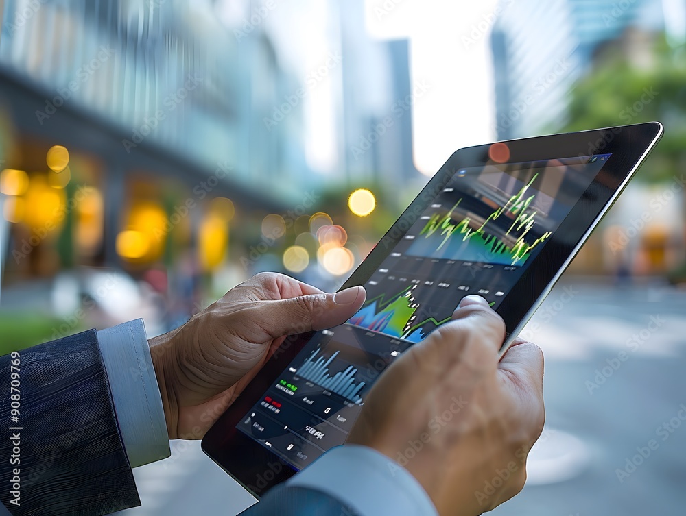 Businessman using a tablet with a financial data on the screen Businessman using a tablet with a financial data on the screen