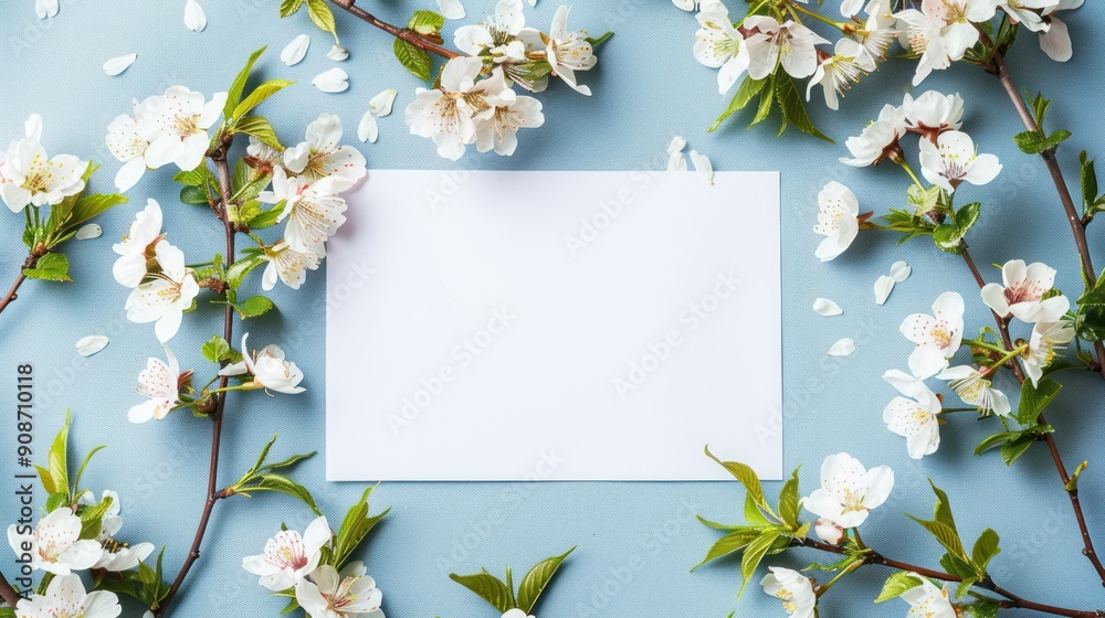 Paper blank copy space blue color with botanical green leaves background. Paper blank copy space blue color with botanical green leaves background.