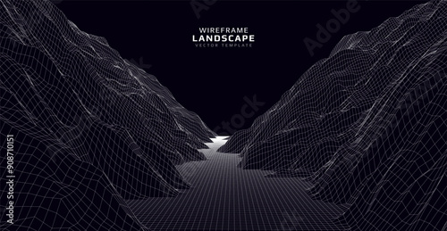 Wireframe landscape. Futuristic 3d mesh background. Digital hills technology. Vector illustration.