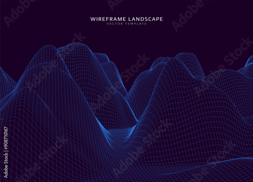 Wireframe landscape. Futuristic 3d mesh background. Digital hills technology. Vector illustration.