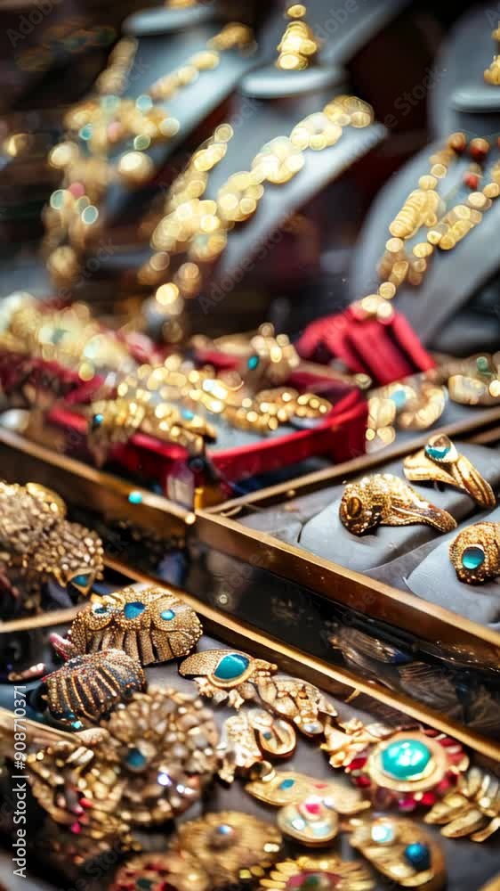 Traditional old oriental jewelry made of gold and gems, displayed in an old middle eastern jewelry store Traditional old oriental jewelry made of gold and gems, displayed in an old middle eastern jewelry store