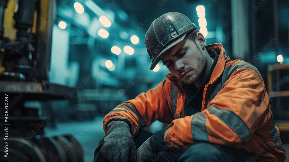 A tired worker resting in an industrial setting, wearing a safety helmet and reflective jacket, surrounded by machinery. A tired worker resting in an industrial setting, wearing a safety helmet and reflective jacket, surrounded by machinery.