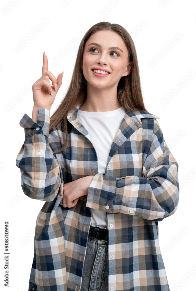 Woman in plaid shirt pointing upwards on white background. Woman in plaid shirt pointing upwards on white background.