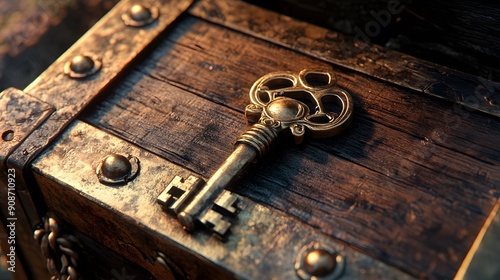 Lock and key, treasure chest lock, aged brass, warm treasure trove light, pirate style, adventurous and mysterious mood