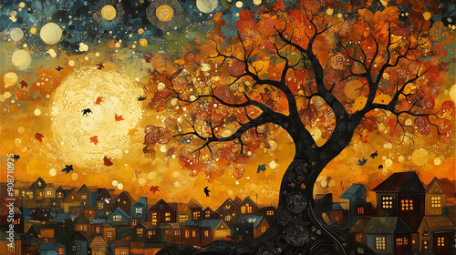 An enchanting autumn scene of a cozy town square at dusk. The artwork features vibrant fall foliage, a glowing moon, and warm-lit houses, creating a serene and magical atmosphere.
