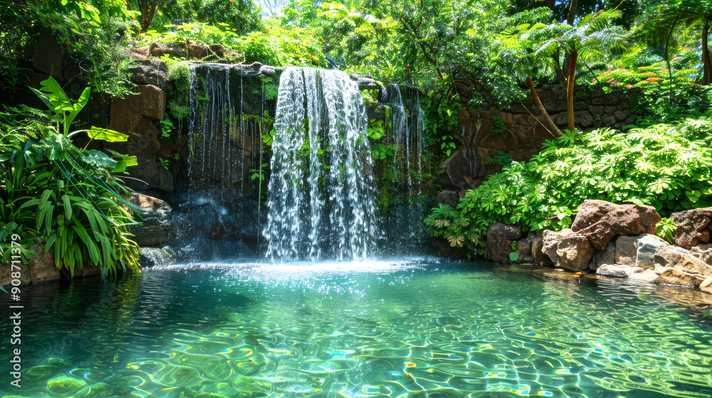 Naklejka premium Stunning Tropical Waterfall Cascading into a Crystal Clear Pool Surrounded by Lush Greenery and Exotic Plants