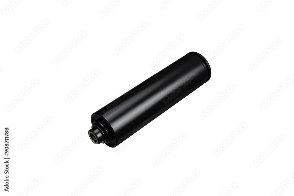 Black silencer for weapons. Suppressor that is at the end of an assault rifle. Isolate on a white back. Black silencer for weapons. Suppressor that is at the end of an assault rifle. Isolate on a white back.