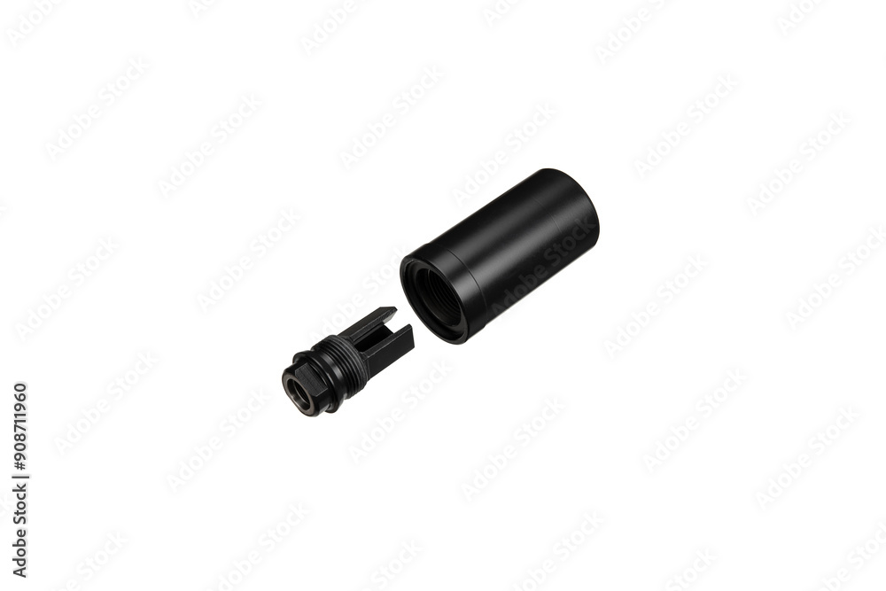 Black silencer for weapons. Suppressor that is at the end of an assault rifle. Isolate on a white back. Black silencer for weapons. Suppressor that is at the end of an assault rifle. Isolate on a white back.
