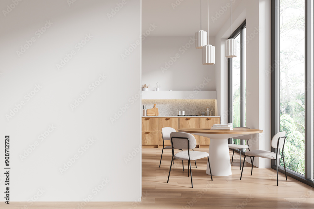 Fototapeta premium Modern kitchen interior with dining area and large windows. 3D Rendering