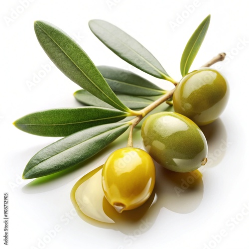 3 sprigs of olove and a drop of oil on a white background