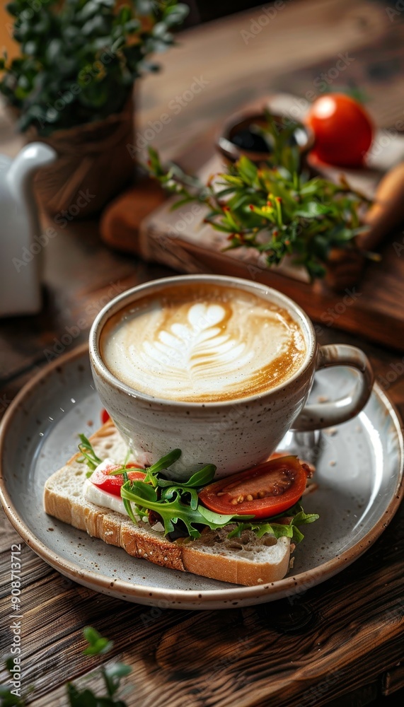 Realistic photo of steaming coffee cup with delicious sandwich, a treat for food enthusiasts Realistic photo of steaming coffee cup with delicious sandwich, a treat for food enthusiasts